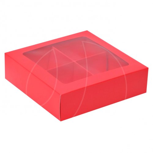 Коробка на 4 конфеты с окном красная 12,6х12,6х3,5 см КУ-022; 9569217